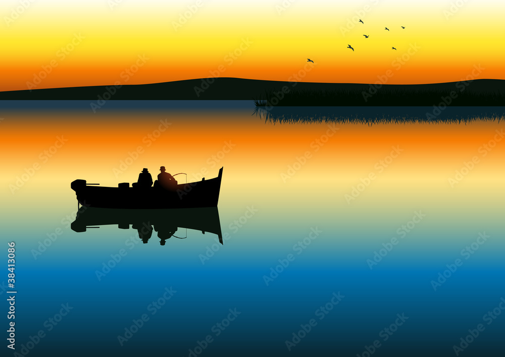 Illustration of two men silhouette fishing on tranquil lake