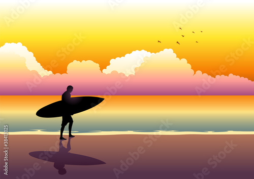 Illustration of a surfer walking at the beach during sunset