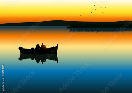 Illustration of two men silhouette fishing on tranquil lake © rudall30