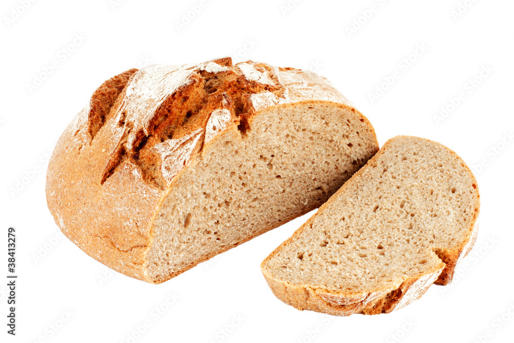rye bread slices and half of loaf on white background