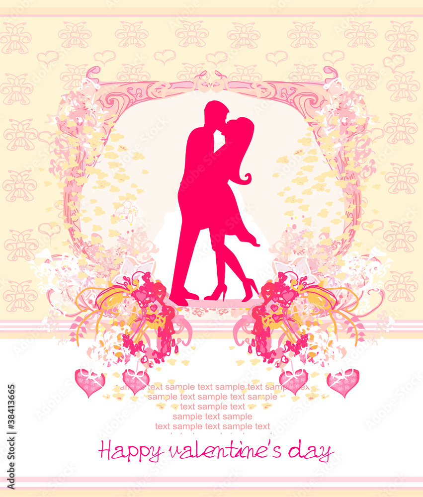 Floral greeting card with silhouette of romantic couple Floral greeting card with silhouette of romantic couple