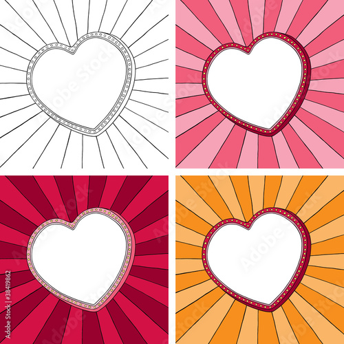 Doodle heart frame with sunbeam radial background