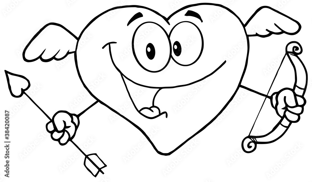 Outlined Happy Heart Cupid With A Bow And Arrow