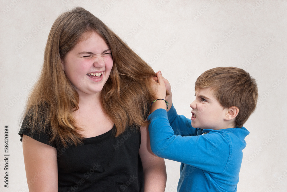 Boy Pulling Sister's Hair Stock Photo | Adobe Stock