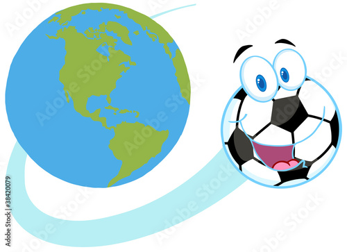 Cartoon Soccer Ball Fly Around The Globe