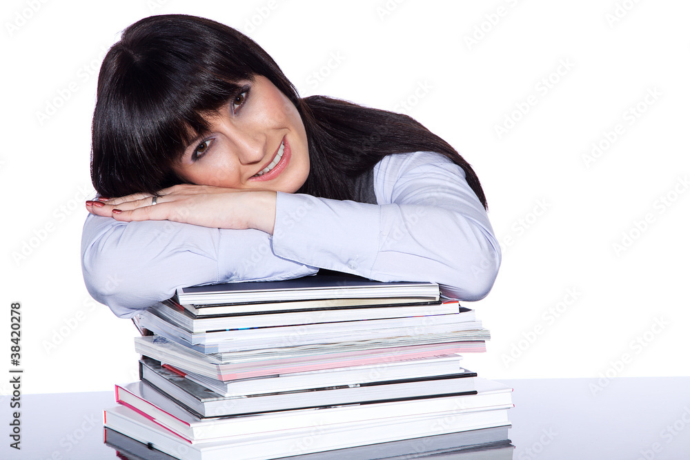 Frau mit Bücher und lacht Porträt Frau mit Bücher und lacht Porträt