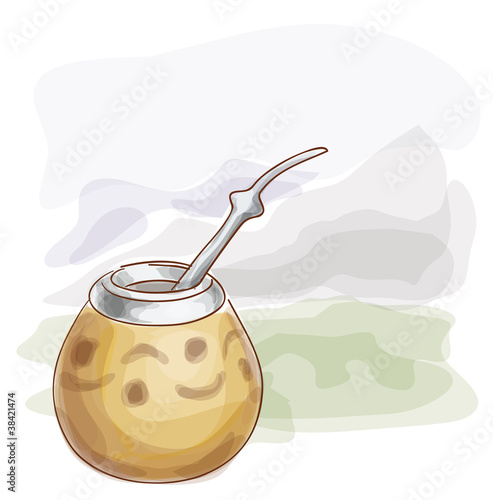 Calabash with mountain landscape.