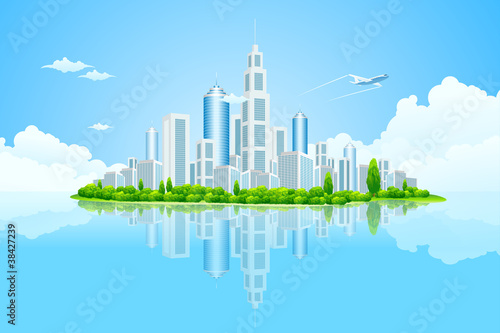 City Landscape Island with Green Trees
