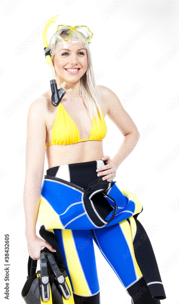 young woman wearing neoprene with snorkeling equipment