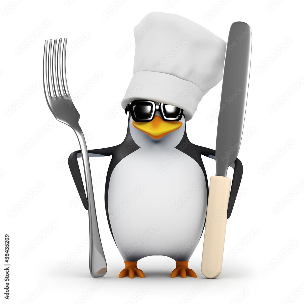 Fototapeta premium 3d Penguin chef is ready with knife and fork