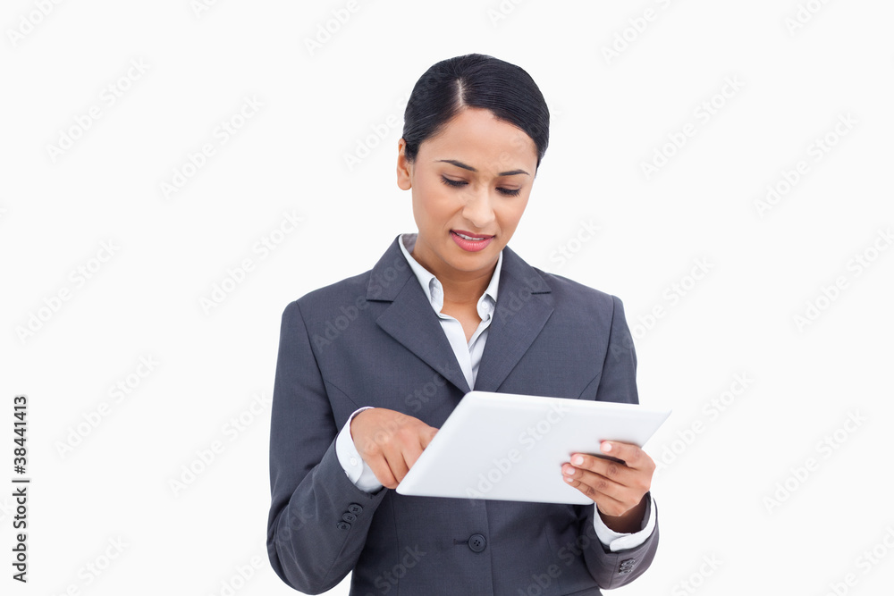 Close up of saleswoman with her touch screen computer Close up of saleswoman with her touch screen computer