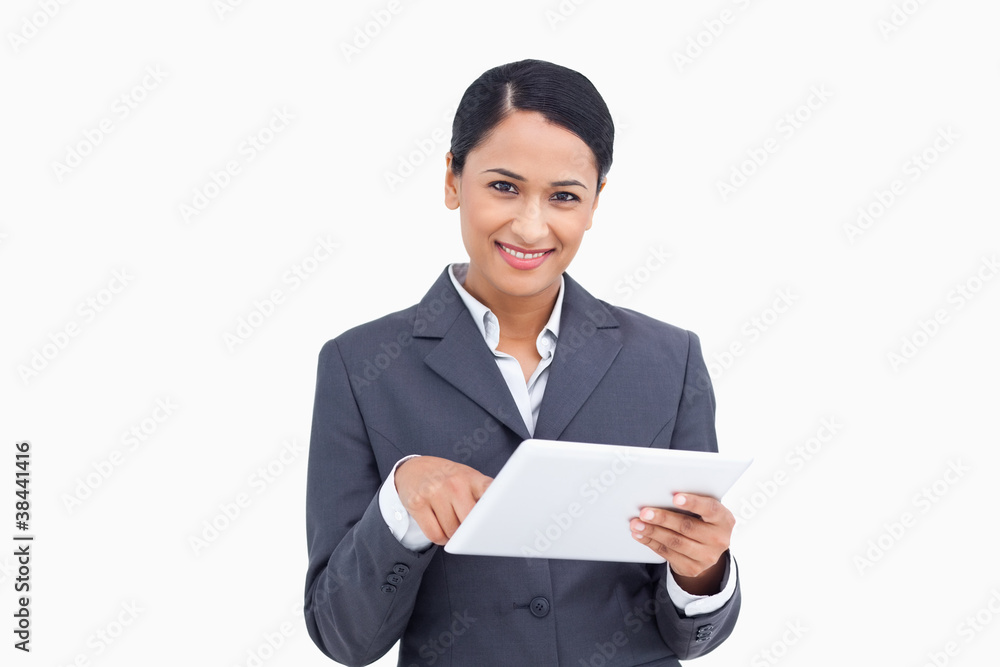 Close up of saleswoman with tablet computer Close up of saleswoman with tablet computer