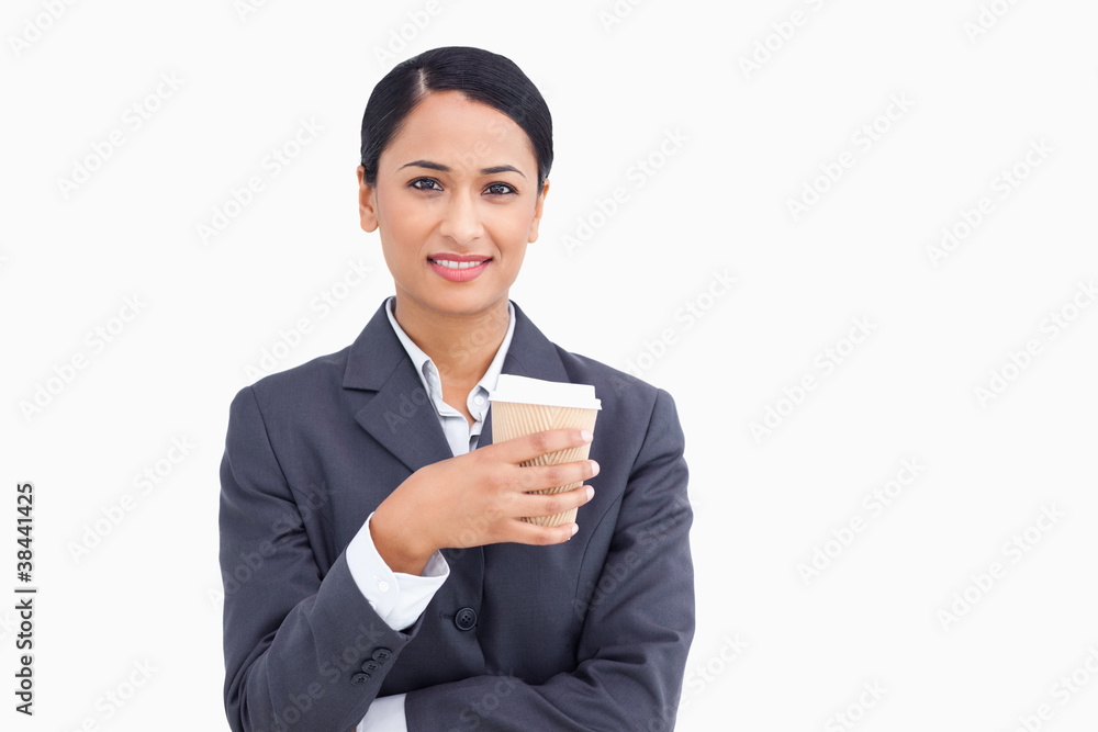 Close up of smiling saleswoman with paper cup Close up of smiling saleswoman with paper cup