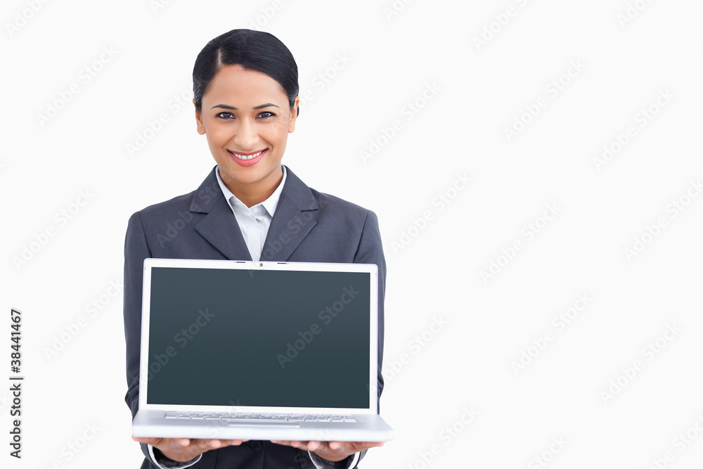 Close up of smiling saleswoman presenting laptop screen Close up of smiling saleswoman presenting laptop screen