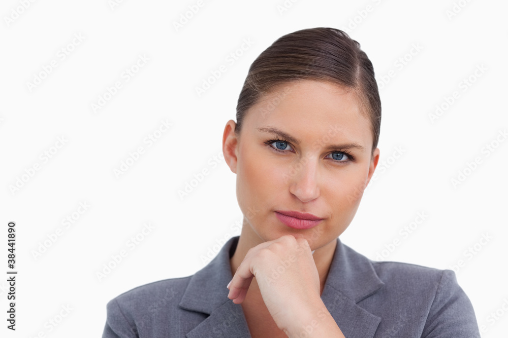Close up of tradeswoman in thinkers pose Close up of tradeswoman in thinkers pose