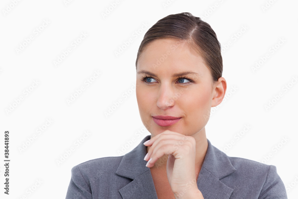 Close up of thinking tradeswoman Close up of thinking tradeswoman
