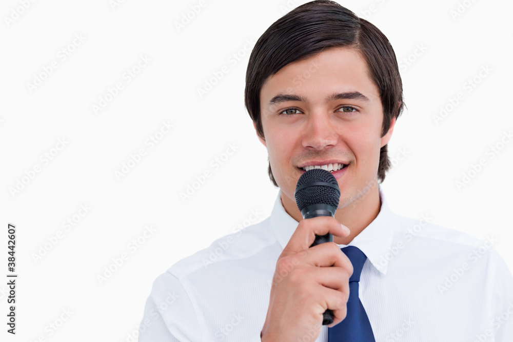 Close up of smiling tradesman with microphone Close up of smiling tradesman with microphone
