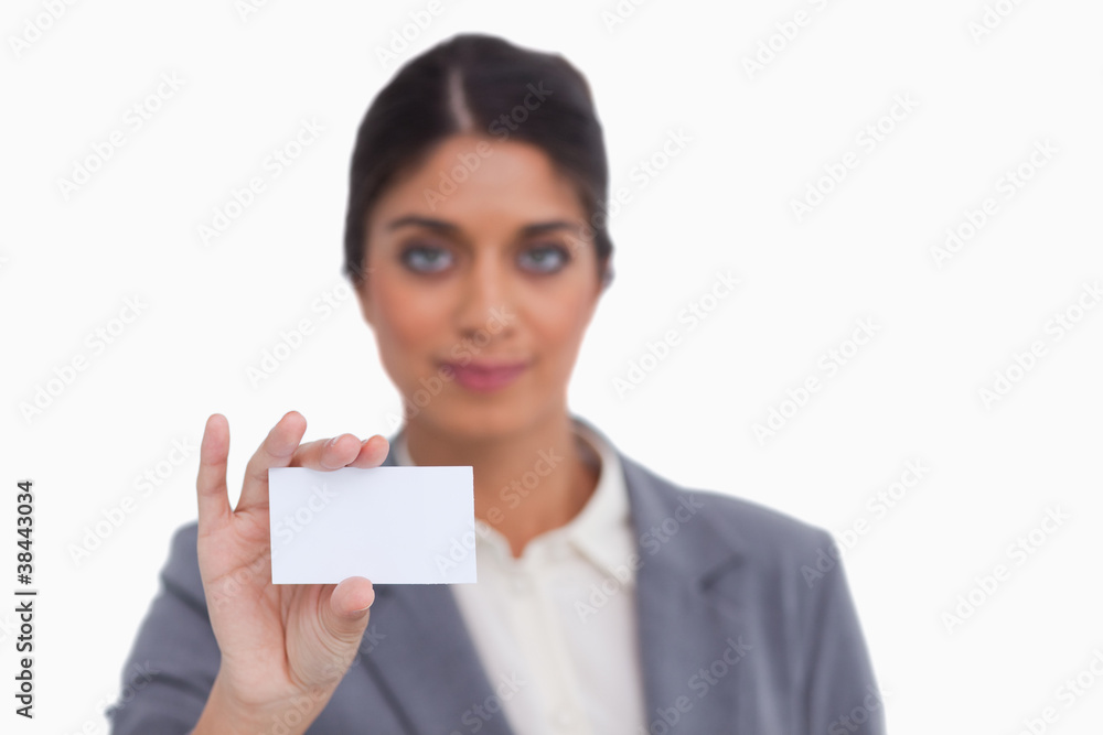 Female entrepreneur showing her business card Female entrepreneur showing her business card