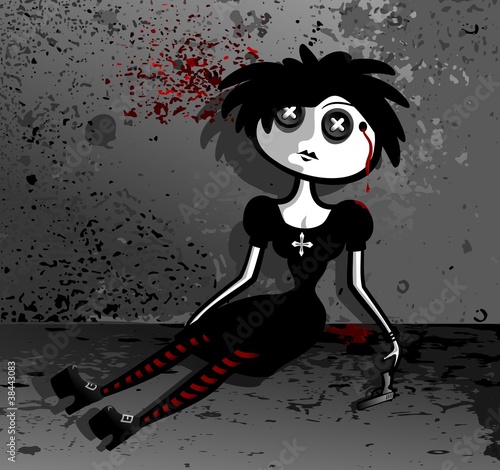 Goth doll dressed in black. Doll shot herself.