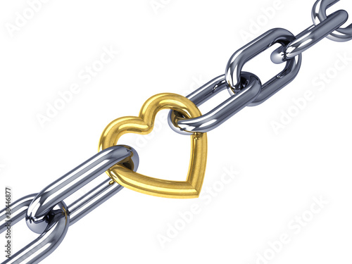 Golden heart link in a chain, isolated on white