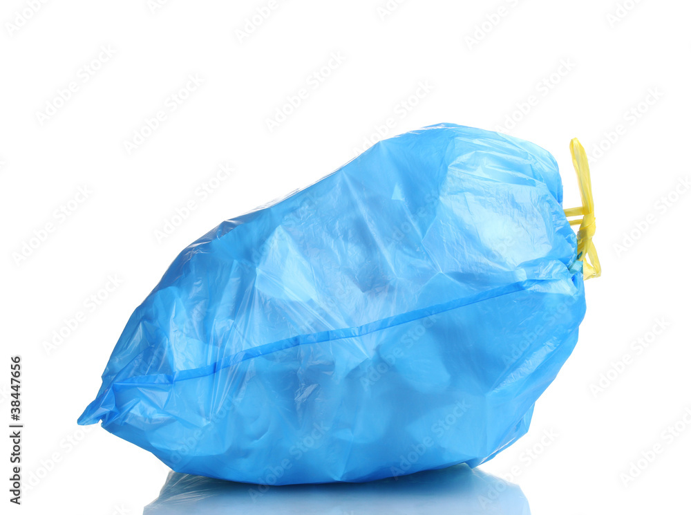Fototapeta premium blue garbage bag with trash isolated on white