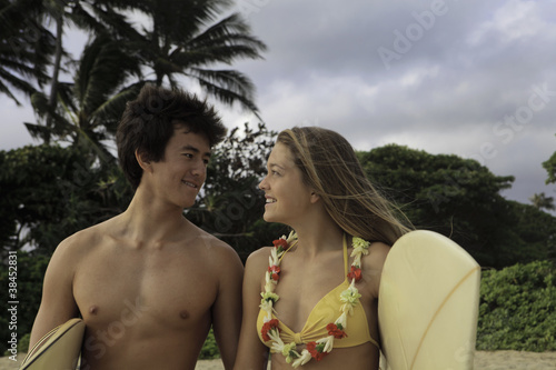 young couple at the beach with their surf boards