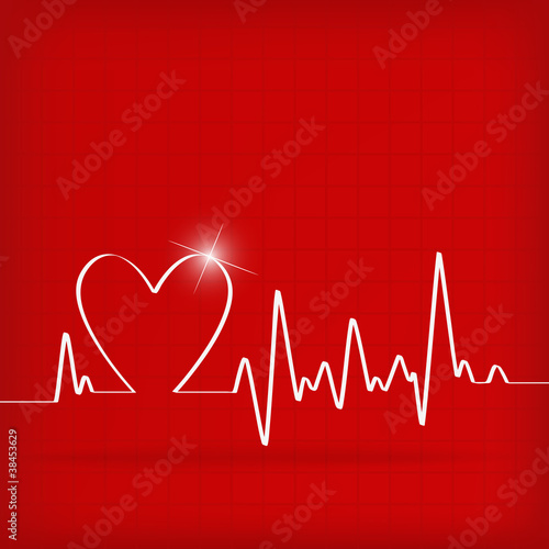 White Heart Beats Cardiogram on Red background