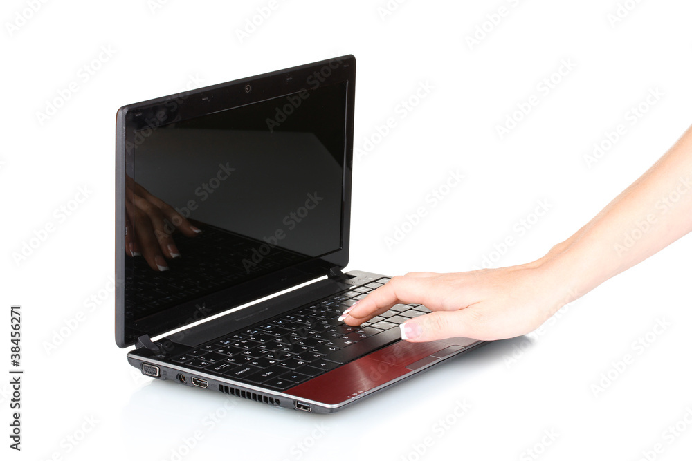new laptop and woman's hand isolated on white new laptop and woman's hand isolated on white