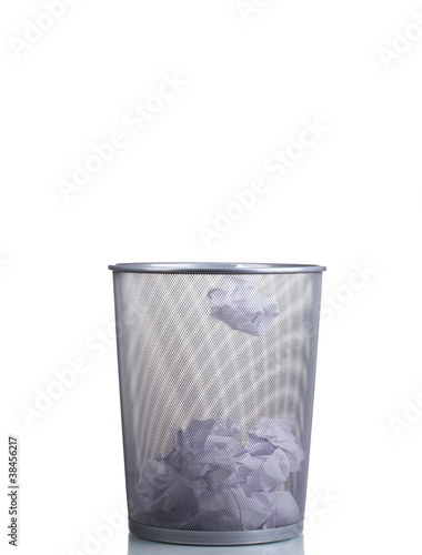 Metal trash bin from paper isolated on white