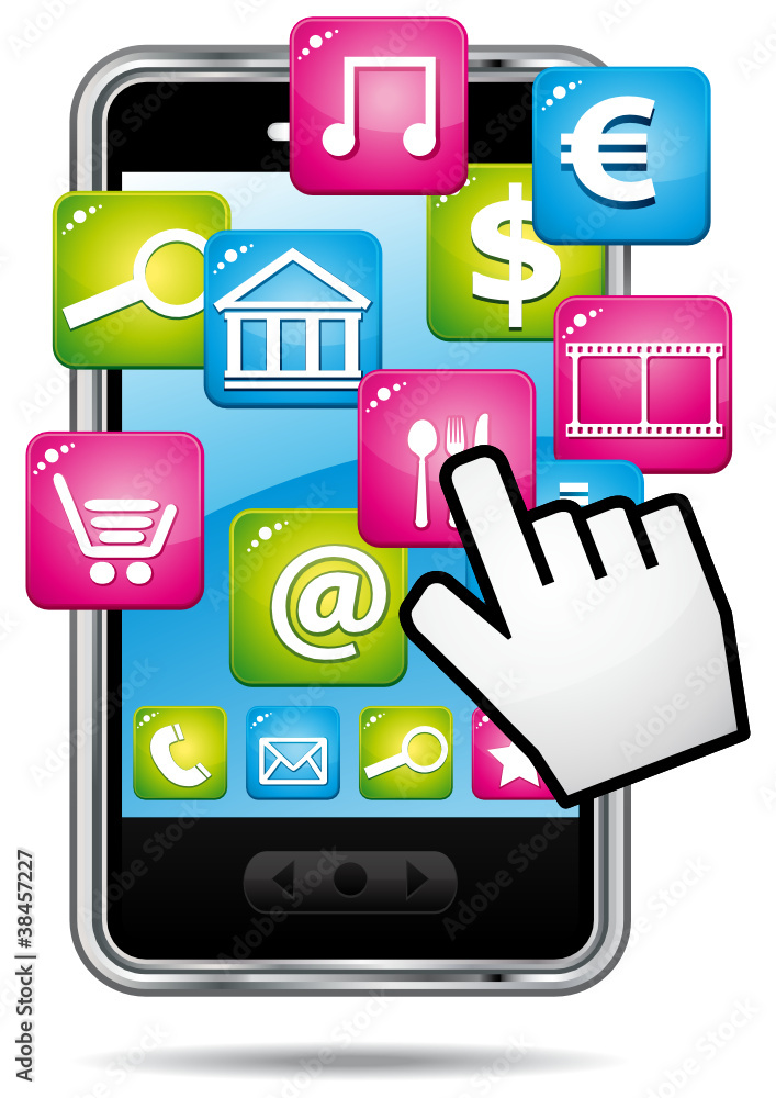 Smartphone with hand cursor opening applications. Smartphone with hand cursor opening applications.