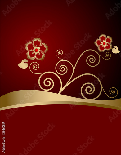 Red label with flower decoration. Vector background