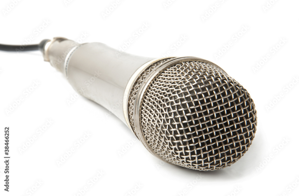 Silver Microphone With Black Wire Isolated On White Stock Photo