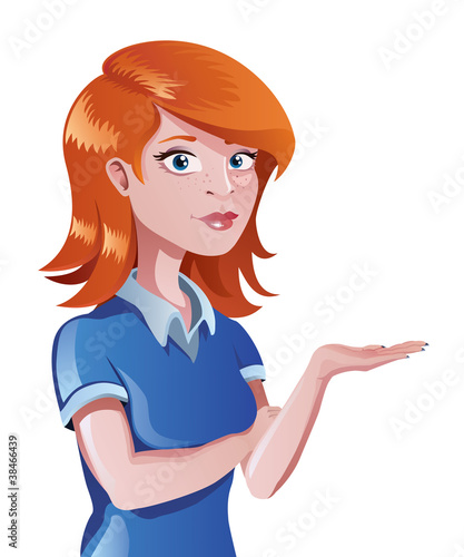Redhead girl in a blue collar shirt showing something