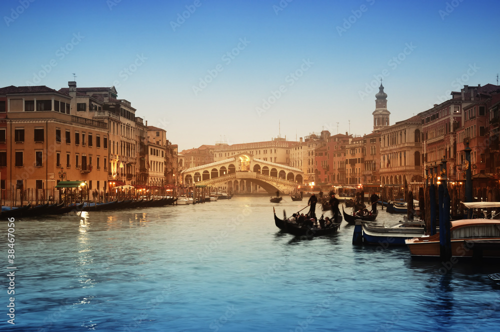 Rialto Bridge and gondolas  in Venice.
