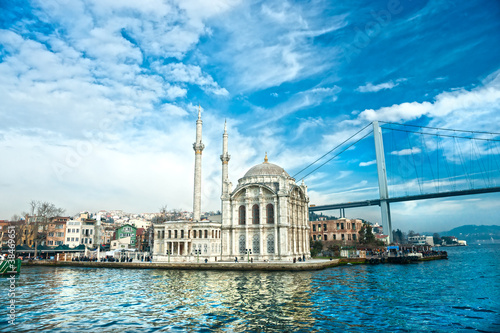 Canvastavla Ortakoy mosque and Bosphorus bridge, Istanbul, Turkey.