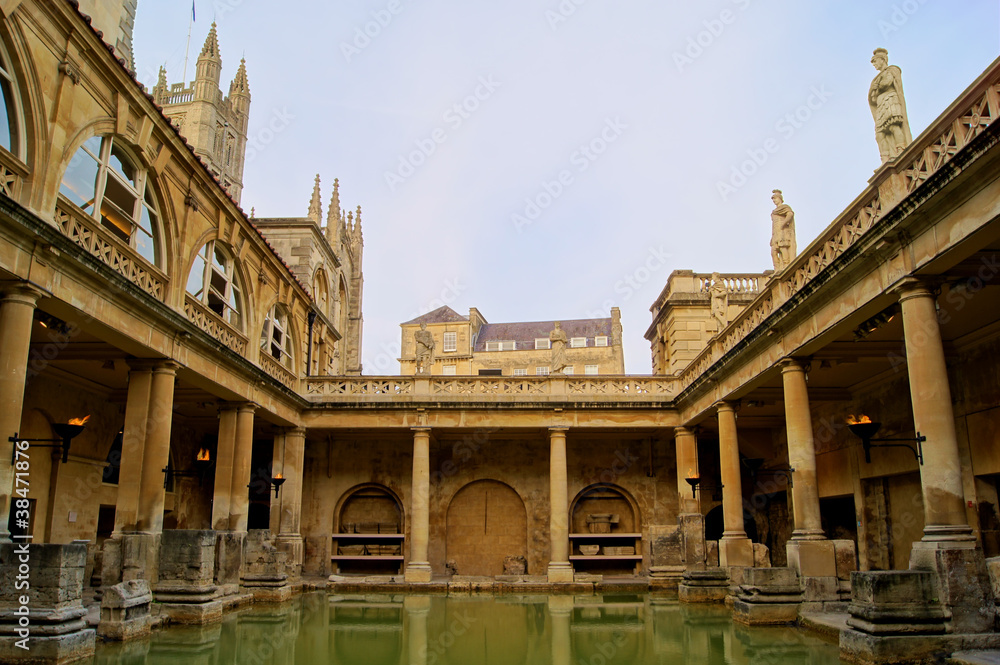 Ancient Roman Baths of Bath England at dusk