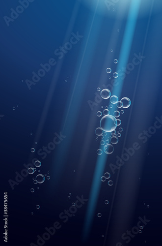 Underwater scene with bubbles and light rays. Vector file.