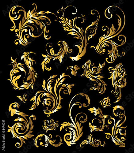 Floral Ornament Set of Vintage Golden Decoration Elements