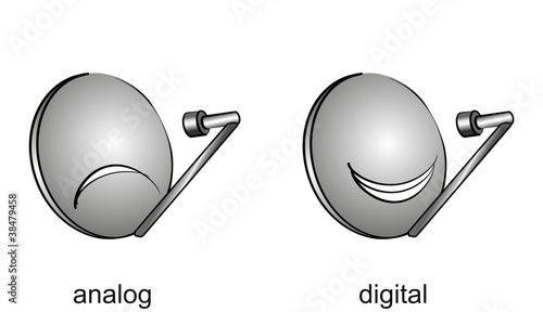 analoge und digitale Satelittenanlage als Cartoon