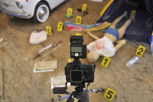 Take a photo of a crime scene with victim body on the ground