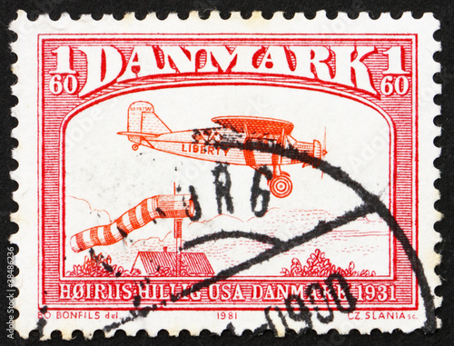 Postage stamp Denmark 1981 Bellanca J-300, plane from 1931 photo