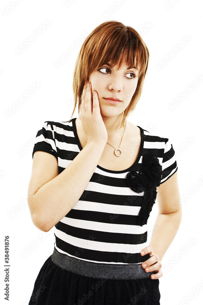 Sad caucasian pretty teen student, thinking. Isolated Sad caucasian pretty teen student, thinking. Isolated