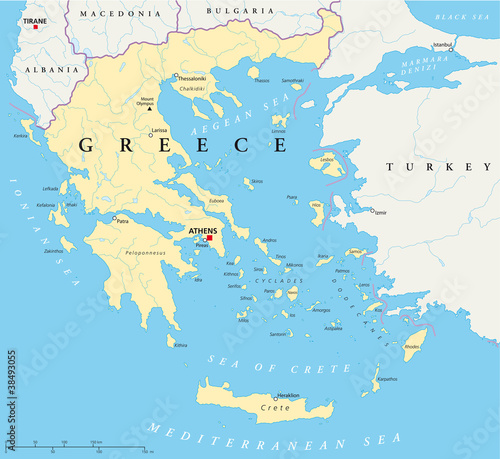 Greece political map with the capital Athens, national borders, most important cities, rivers and lakes. With english labeling and scale. Illustration. Vector.