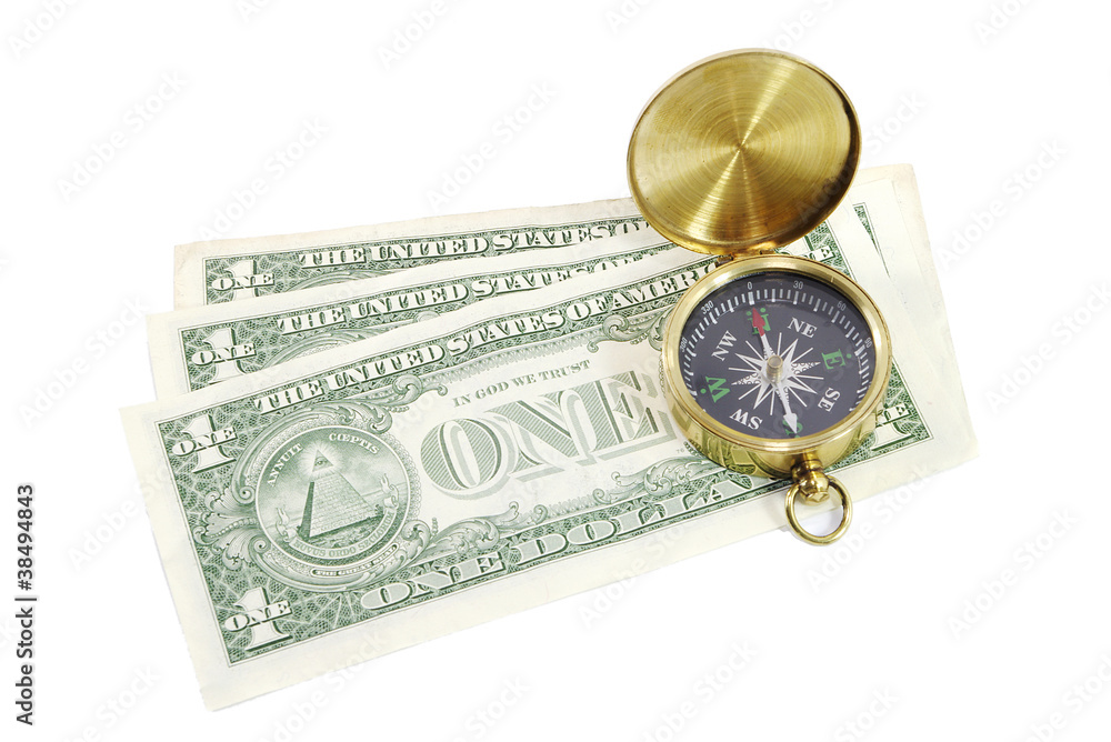 Compass on Three, One US Dollar Bills.