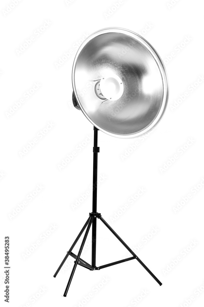 Studio flash with beauty dish isolated on white Studio flash with beauty dish isolated on white