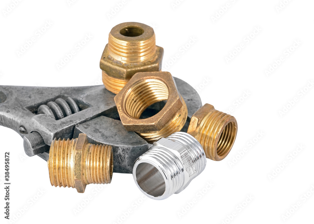 Plumbing pipe and wrench, isolated on white background Plumbing pipe and wrench, isolated on white background