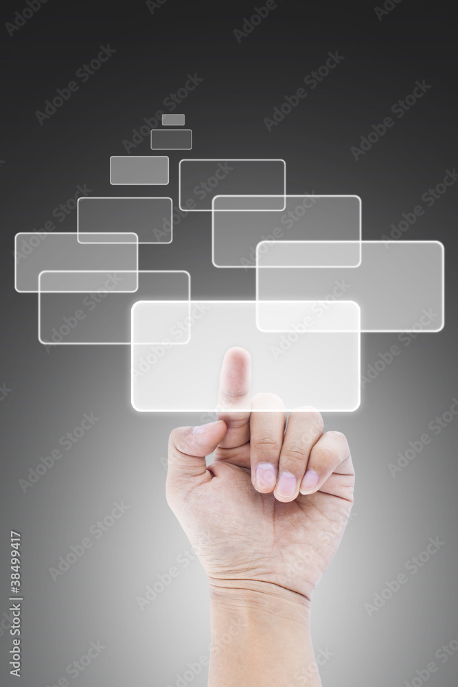 hand pushing a button on a touch screen interface hand pushing a button on a touch screen interface
