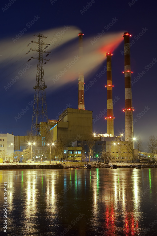 Power station in the freezing night in Gdansk, Poland.