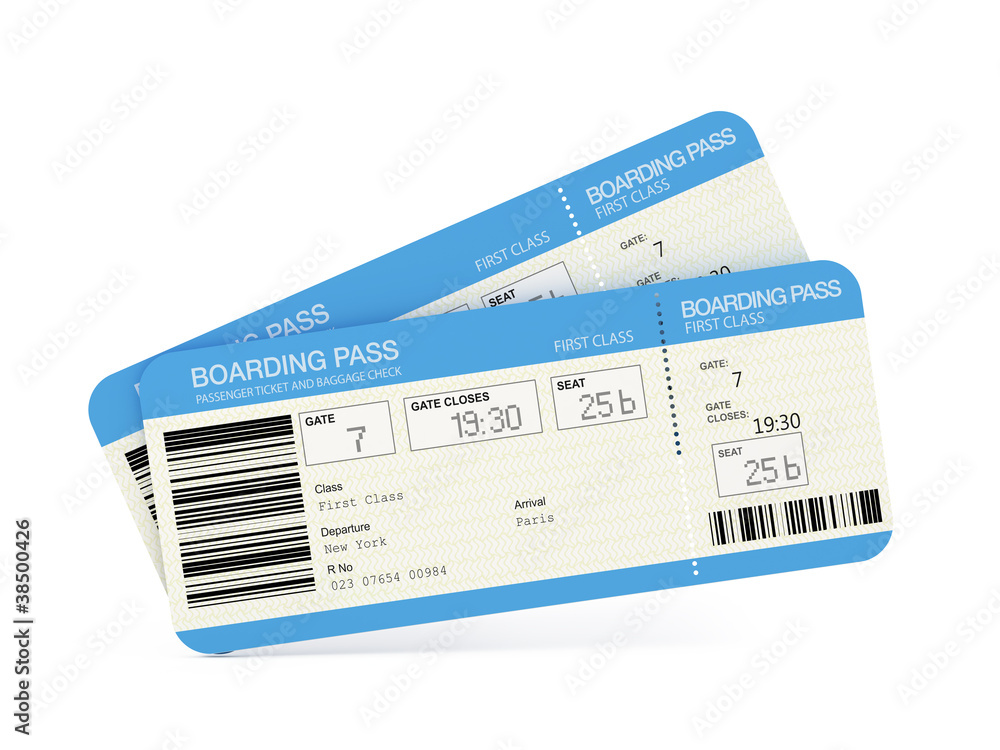 Two airline boarding pass tickets isolated on white - obrazy, fototapety, plakaty 
