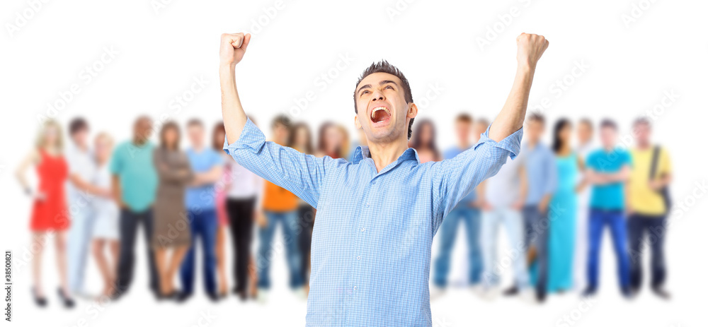 a young man with big group of the young smiling